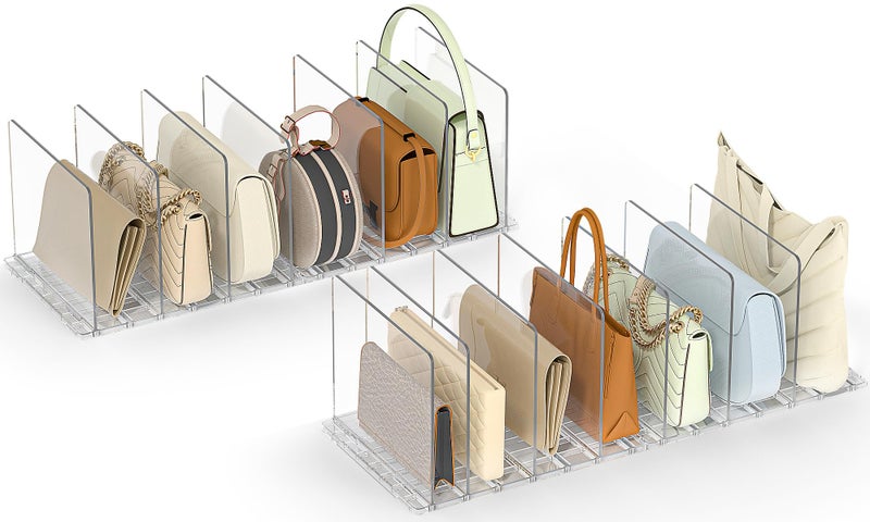 SortNStore Bag Purse Organizer for Closet Adjustable Clear Handbag Storage Shelf Plastic Clutch Dividers for Closet Organizers and Storage Keep Carteras Pocketbook Upright