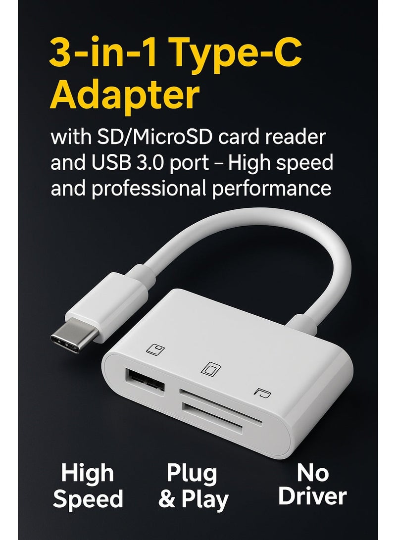 Bright Type-C 3-in-1 Adapter with USB 3.0, SD & Micro SD Card Reader – High-Speed Data Transfer - Image 2