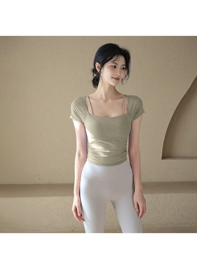 Spring Summer  With Chest Pad Pleated Slim Yoga Fitness Women Sports T-Shirt - Image 1