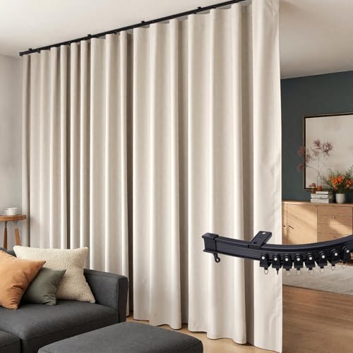 hoeflife Room Divider Curtains Flexible Ceiling Tracks set Curtain track Ceiling Mount Blackout Curtain for Living Room Bedroom Ceiling Curtain Rod Privacy Dividers Panels W100 x H84 Beige Drape & Black rail - Image 1