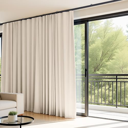 hoeflife Room Divider Curtains Flexible Ceiling Tracks set Curtain track Ceiling Mount Blackout Curtain for Living Room Bedroom Ceiling Curtain Rod Privacy Dividers Panels W100 x H84 Beige Drape & Black rail - Image 2