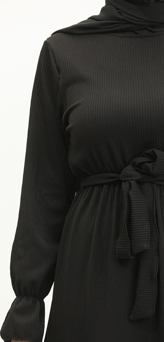 Sefa Merve Belted Flounce Belted Dress 0304-04 Black - Image 4