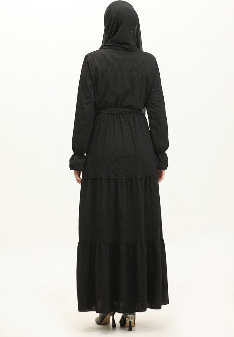 Sefa Merve Belted Flounce Belted Dress 0304-04 Black - Image 5