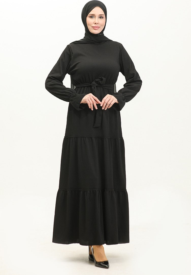 Sefa Merve Belted Flounce Belted Dress 0304-04 Black - Image 2
