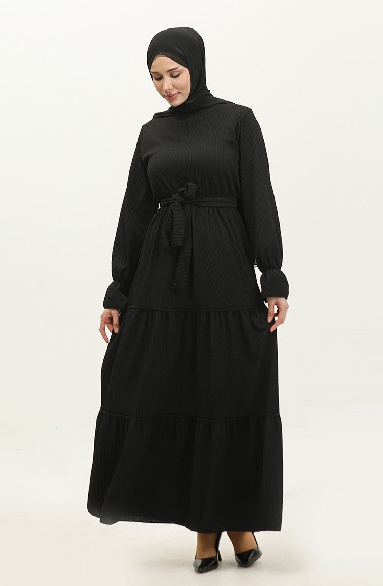 Sefa Merve Belted Flounce Belted Dress 0304-04 Black - Image 1