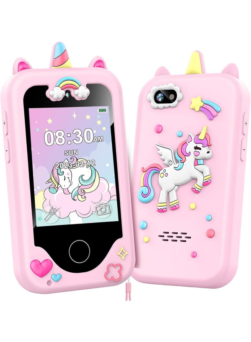 أوزيغالور لعبة هاتف ذكي للأطفال للفتيات، هاتف تعليمي بشاشة لمس مقاس 2.8 بوصة مزود بكاميرا مزدوجة ومشغل موسيقى وبطاقة ذاكرة سعة 8 جيجابايت (وردي) - Image 1