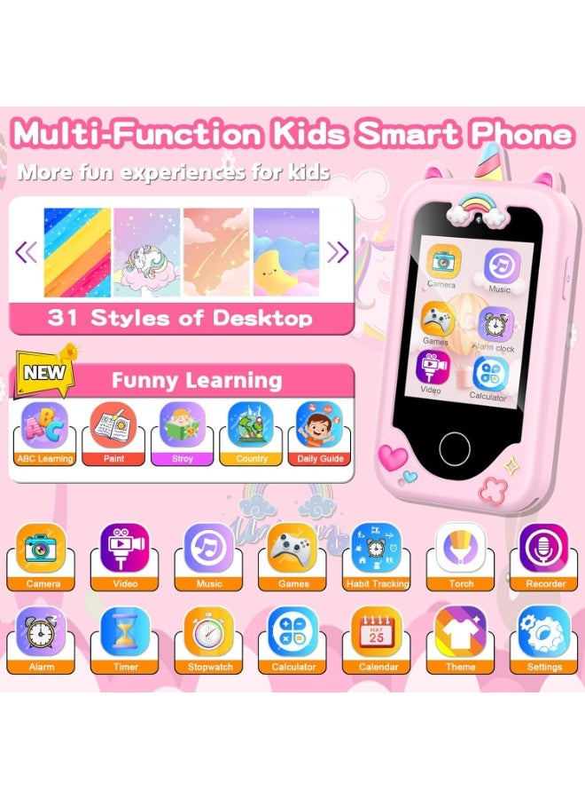 أوزيغالور لعبة هاتف ذكي للأطفال للفتيات، هاتف تعليمي بشاشة لمس مقاس 2.8 بوصة مزود بكاميرا مزدوجة ومشغل موسيقى وبطاقة ذاكرة سعة 8 جيجابايت (وردي) - Image 2