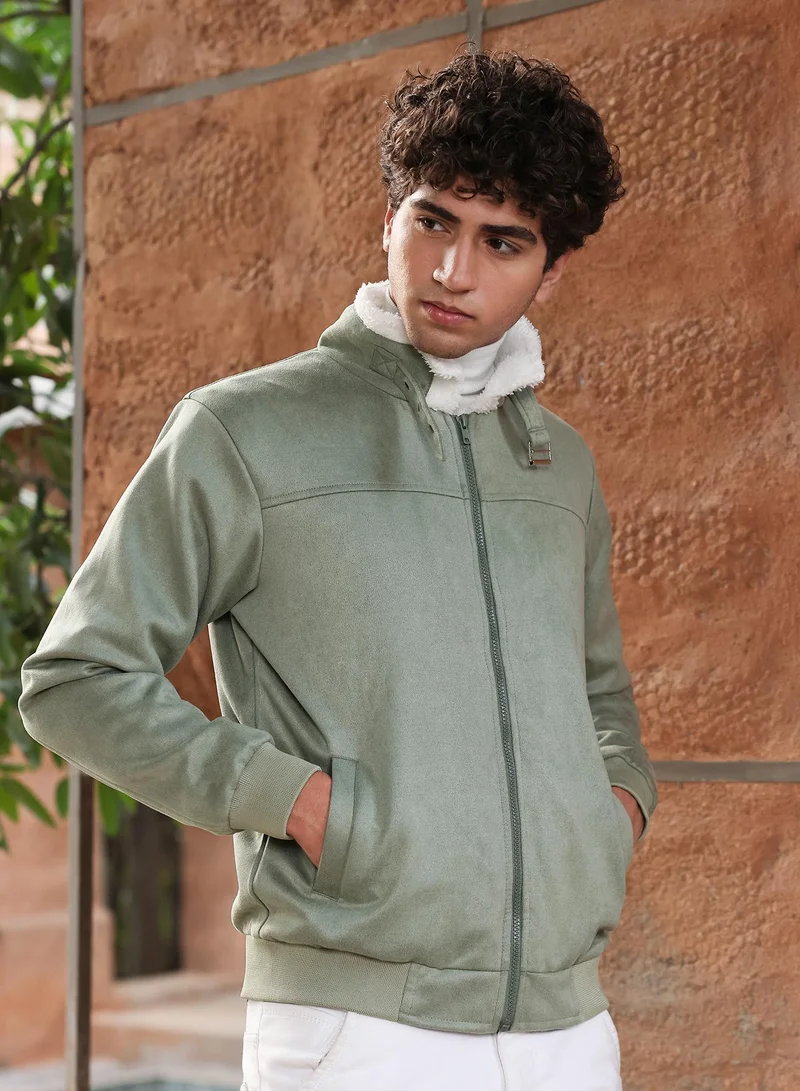 Campus Sutra  Men's Olive Green Contrast Sherpa-Lined Suede Bomber Jacket for Men | Best Price UAE