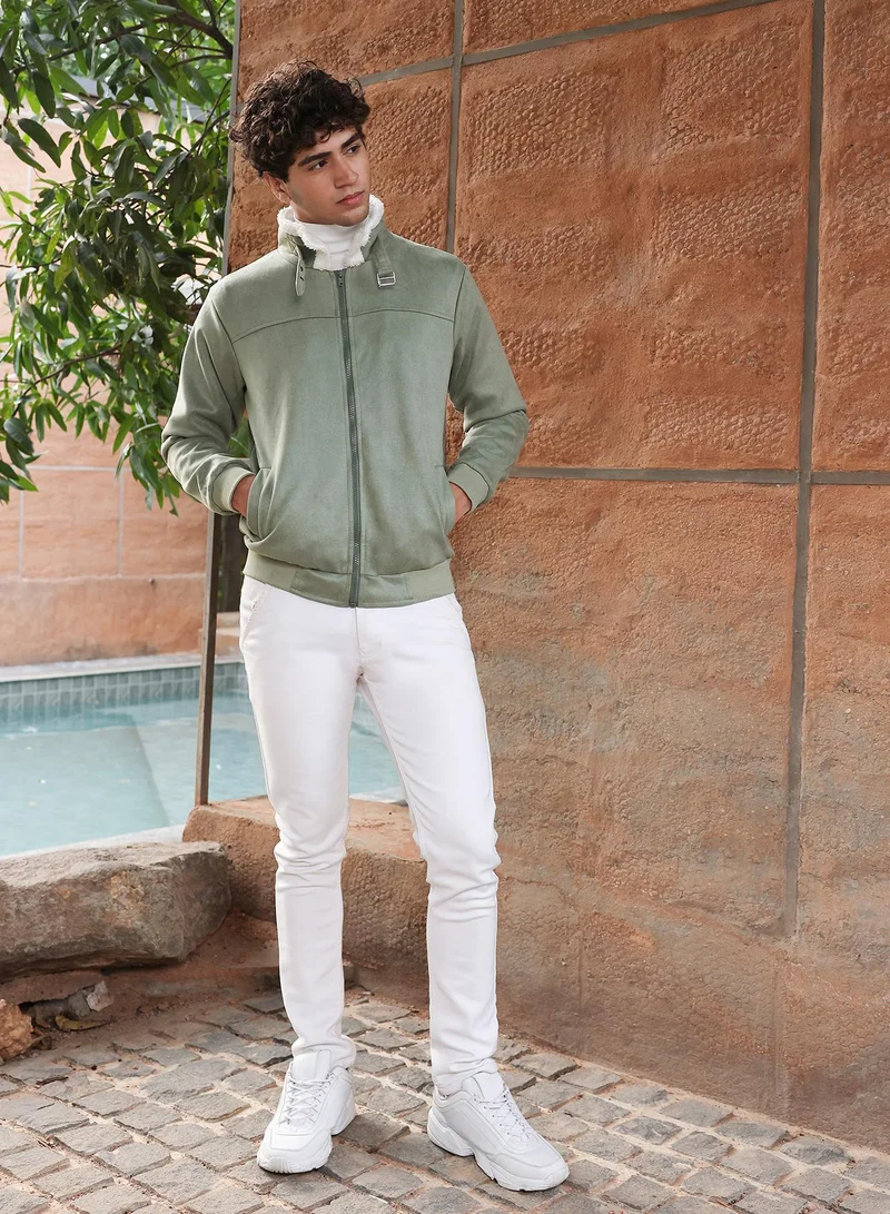 Campus Sutra  Men's Olive Green Contrast Sherpa-Lined Suede Bomber Jacket for Men | Best Price UAE