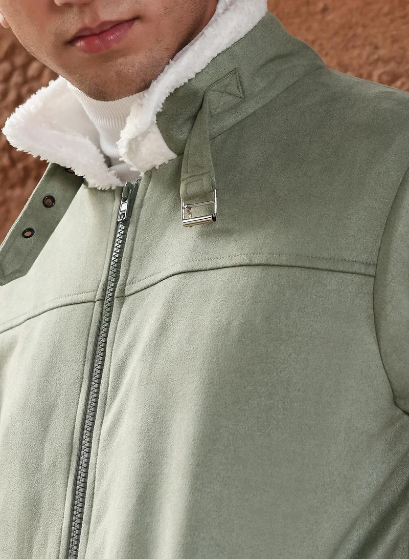 Campus Sutra  Men's Olive Green Contrast Sherpa-Lined Suede Bomber Jacket for Men | Best Price UAE