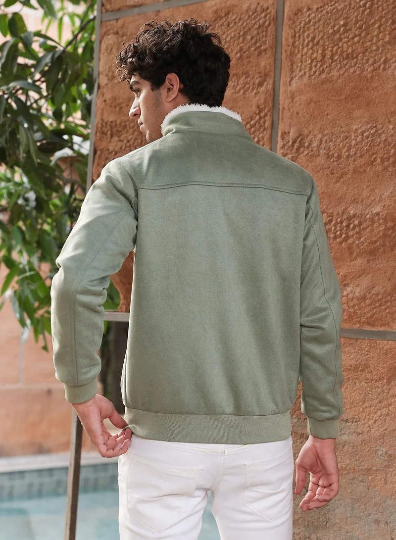 Campus Sutra  Men's Olive Green Contrast Sherpa-Lined Suede Bomber Jacket for Men | Best Price UAE