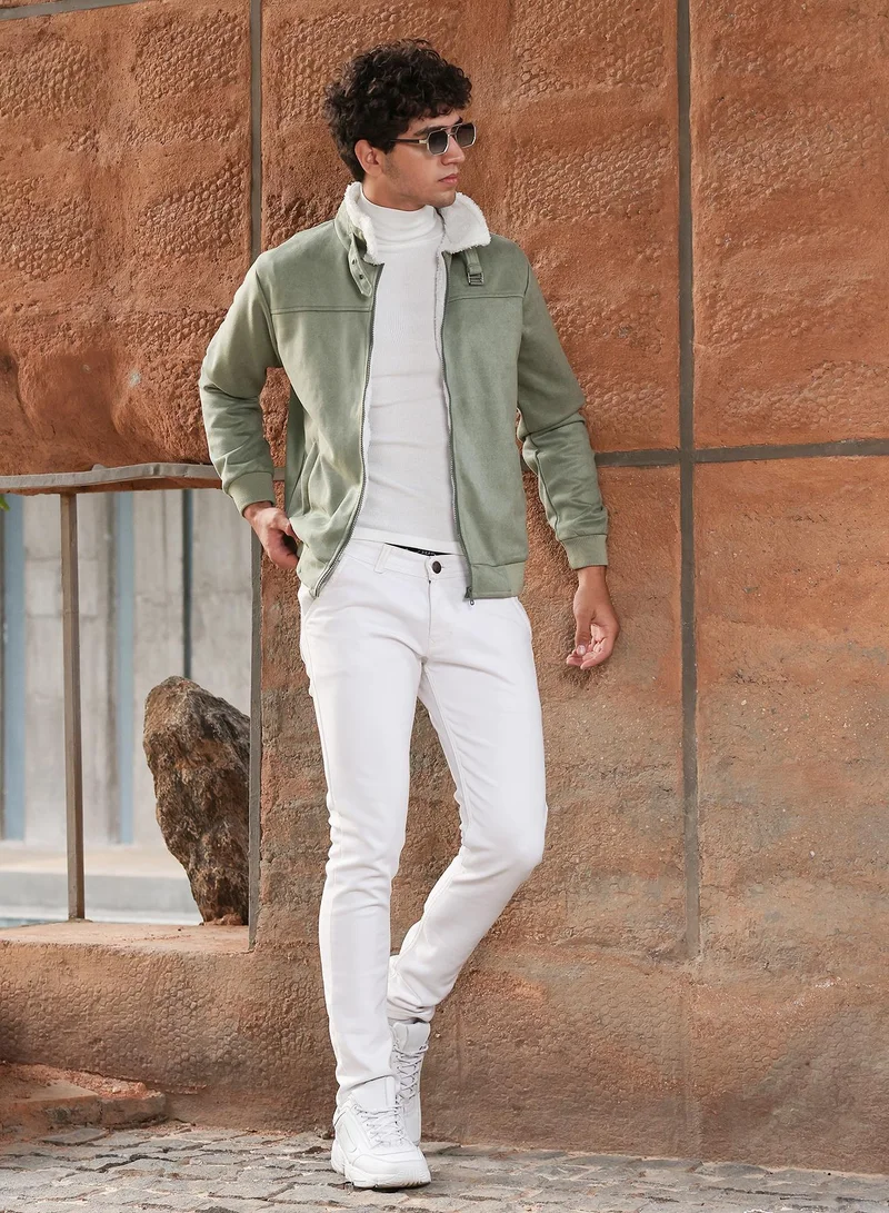Campus Sutra  Men's Olive Green Contrast Sherpa-Lined Suede Bomber Jacket for Men | Best Price UAE
