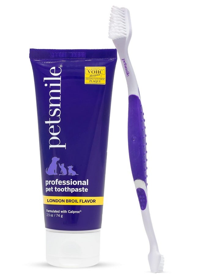 petsmile Professional Pet Tooth Brushing Kit - Cat & Dog Toothbrush And Toothpaste For Plaque, Tartar, & Bad Breath - Vohc Accepted Non Enzymatic Cat & Dog Toothpaste (London Broil, 2.5 Oz)  - Image 1