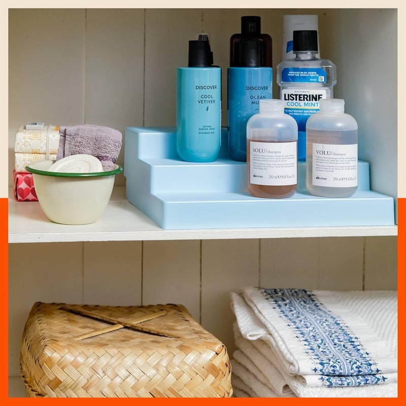 Bathla Plastic Shelf Organizer - (Set of 2) Multi-Purpose Display Cabinet for Kitchen, Home, Office | 3 Wide Steps | Spice Rack Stand | Make Up & Cosmetic Organiser | Non Skid | Pearl White&Baby Blue - Image 4