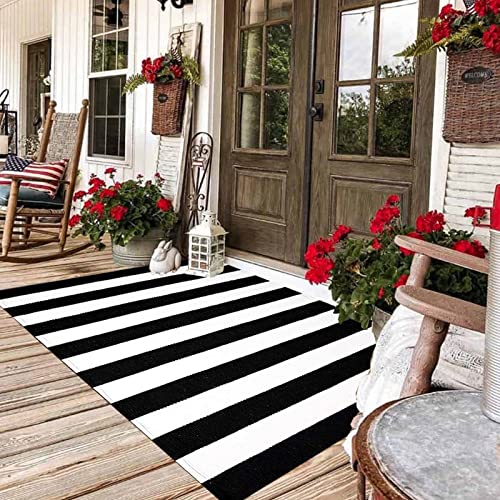 CAINANEL Black and White Area Rug 35.4 x 59 Inches Striped Front Door Mat Front Porch Rug Hand-Woven Machine Washable Indoor/Outdoor Layered Door Mats for Entryway/Bedroom/Outdoor - Image 1