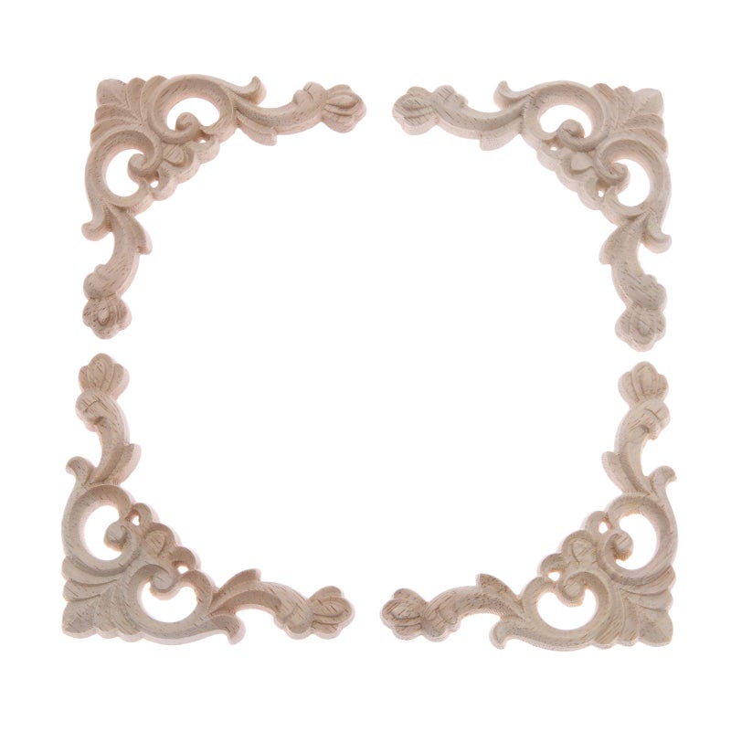 MUXSAM Wood Carved Appliques  Furniture Onlay Decals  4-Pack Unpaint Carvings for Cabinet Cupboard Fireplace Dresser Headboard Wall Door Mirror Wardrobe Pews Closet Frame Decor 14x14cm/5.51""x5.51"" - Image 1