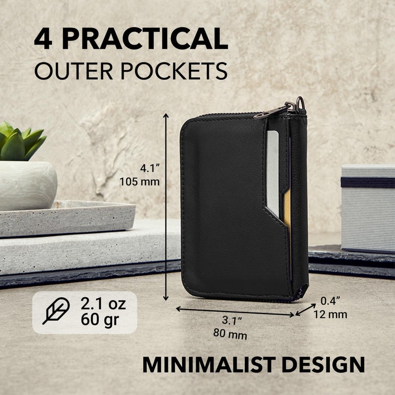 Vaultskin NOTTING HILL Minimalist Leather Zipper Wallet for Women and Men: Slim Multi Cardholder with RFID Blocking and Keychain Ring (Black) - Image 4
