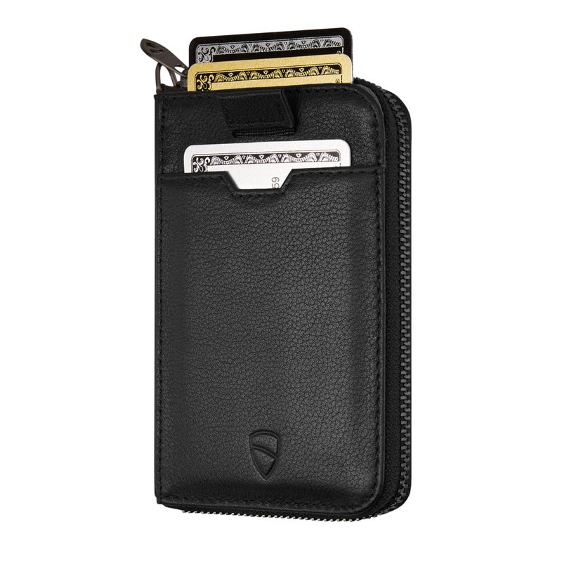 Vaultskin NOTTING HILL Minimalist Leather Zipper Wallet for Women and Men: Slim Multi Cardholder with RFID Blocking and Keychain Ring (Black) - Image 1