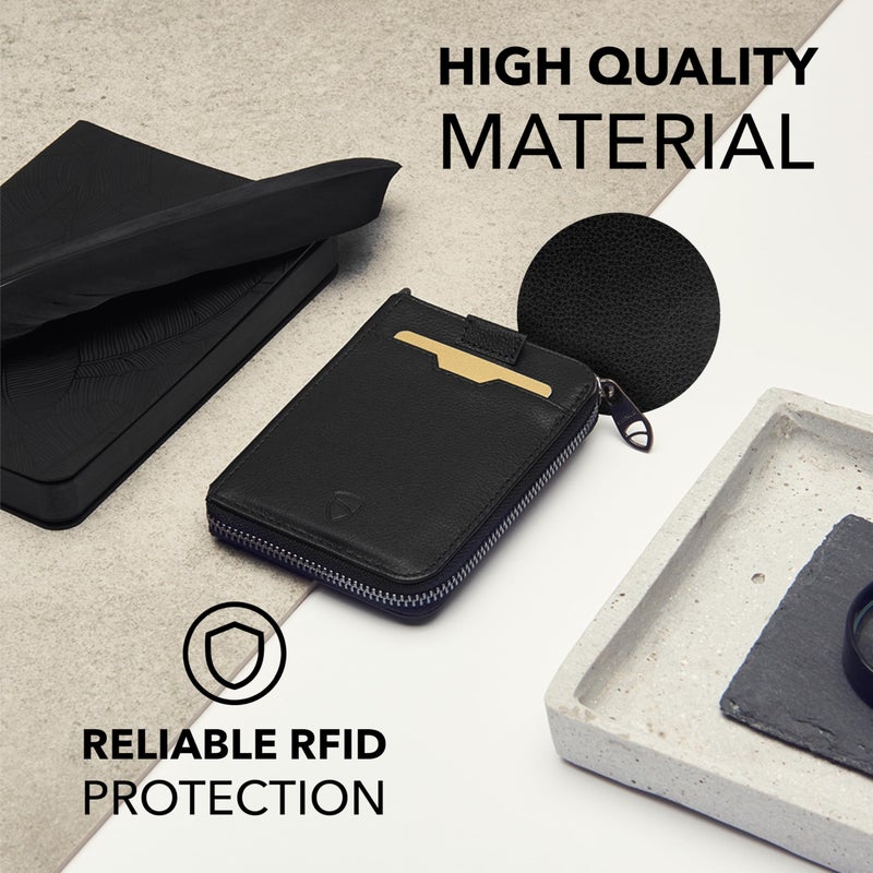 Vaultskin NOTTING HILL Minimalist Leather Zipper Wallet for Women and Men: Slim Multi Cardholder with RFID Blocking and Keychain Ring (Black) - Image 3