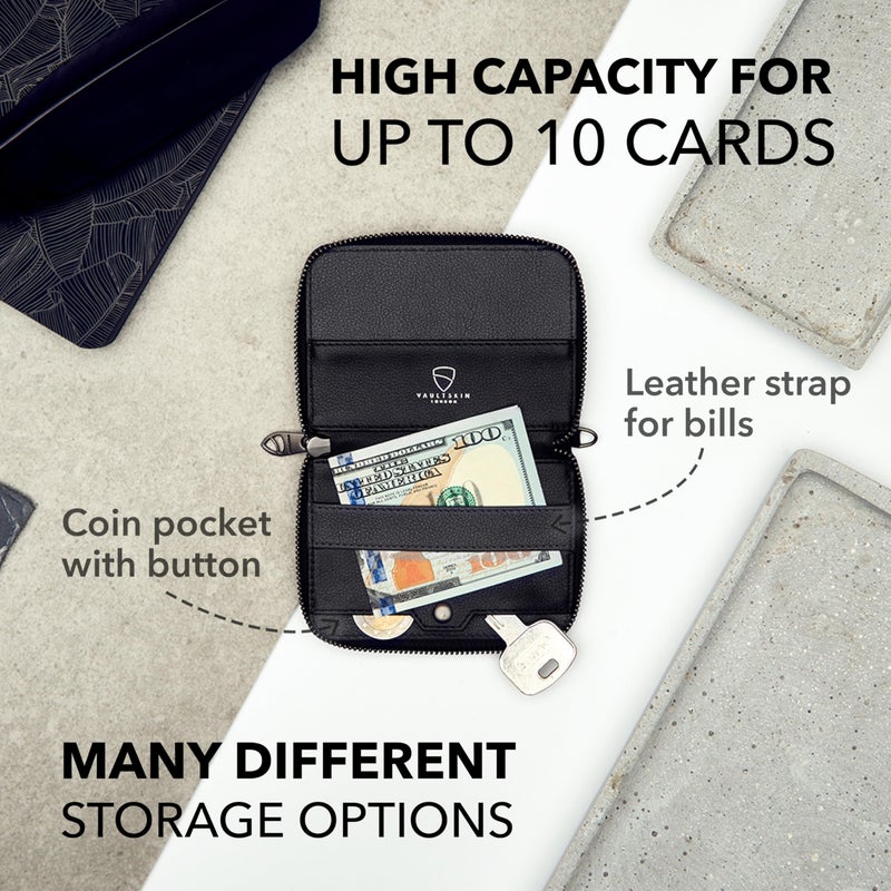 Vaultskin NOTTING HILL Minimalist Leather Zipper Wallet for Women and Men: Slim Multi Cardholder with RFID Blocking and Keychain Ring (Black) - Image 5