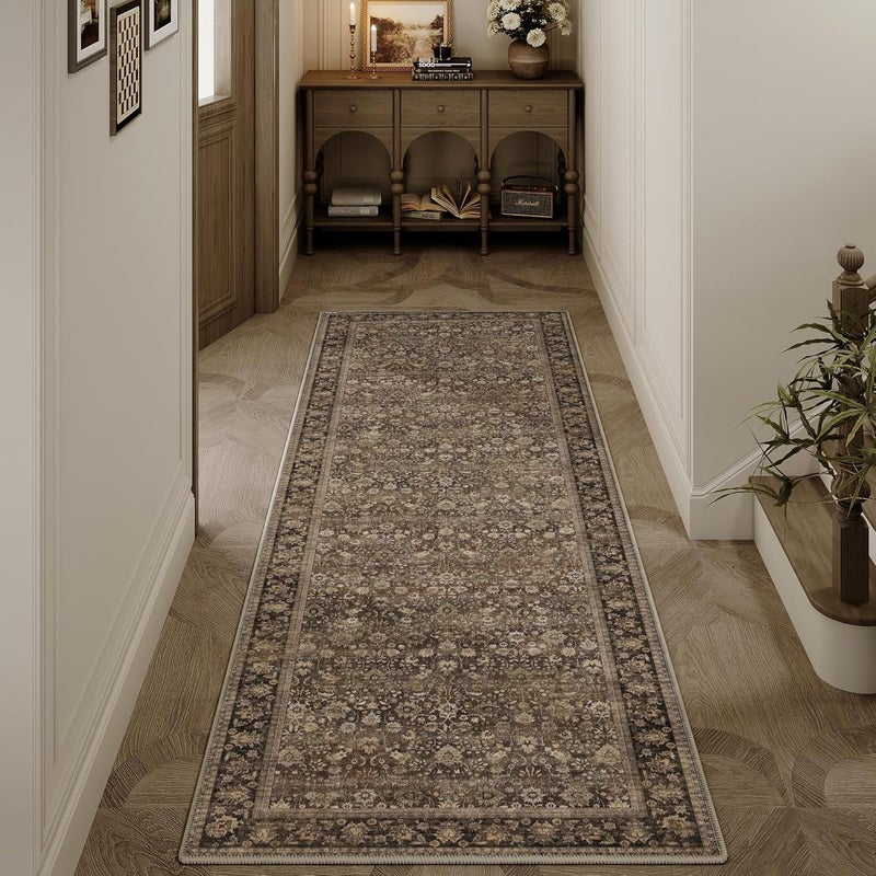 HUGEAR 2x6 Runner Rug Machine Washable Brown Hallway Area Rugs Indoor Accent Rugs Floral Low Pile Carpet Distressed Throw Rug Bedroom Living Room Office Dining Kitchen Laundry Non Slip - Image 1