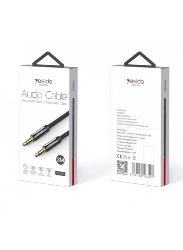 Yesido YAU16 AUX 3M Black – High-Quality 3.5mm Audio Cable for Car, Home, & Headphones | Universal Compatibility with Smartphones, Laptops, Speakers & More – Durable, Tangle-Free & Noise-Reduction Design - Image 1