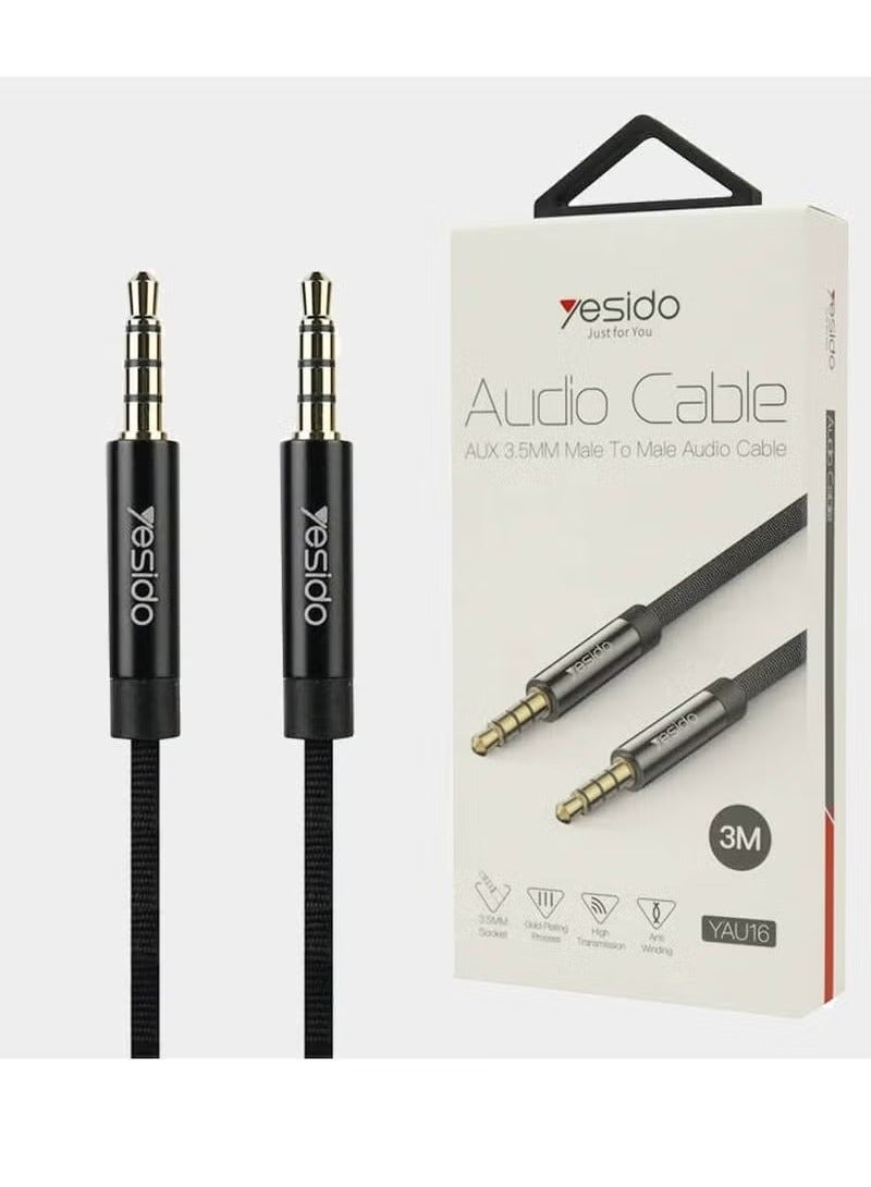 Yesido YAU16 AUX 3M Black – High-Quality 3.5mm Audio Cable for Car, Home, & Headphones | Universal Compatibility with Smartphones, Laptops, Speakers & More – Durable, Tangle-Free & Noise-Reduction Design - Image 2
