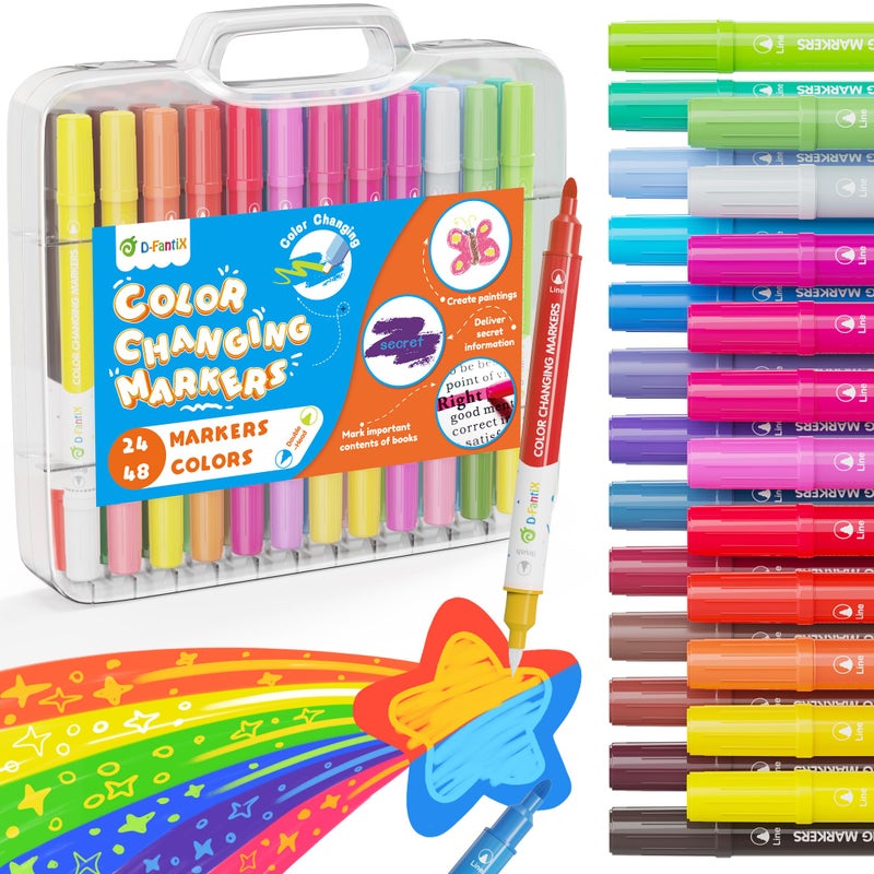 D-FantiX Color Changing Markers for Kids Adults, 24 Pack 48 Colors Dual Tip Magic Drawing Pens Art Supplies, Fun Arts and Crafts Coloring Set, Christmas Stocking Stuffers Gifts for Boys Girls Teens - Image 1