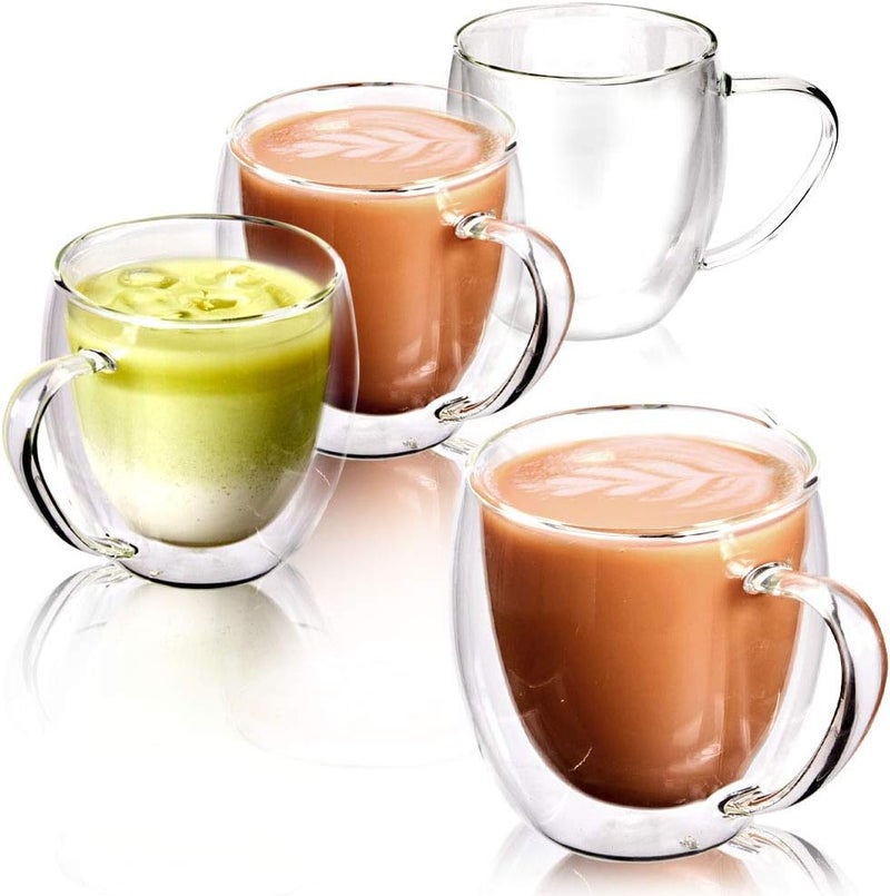 EZOWare Set of 4 200 ML Double Wall Coffee Mug Set, 8oz Clear Glass Thermal Insulated Cups with Handles for Hot or Cold Beverages, Espresso, Coffee, Cappuccino… - Image 1