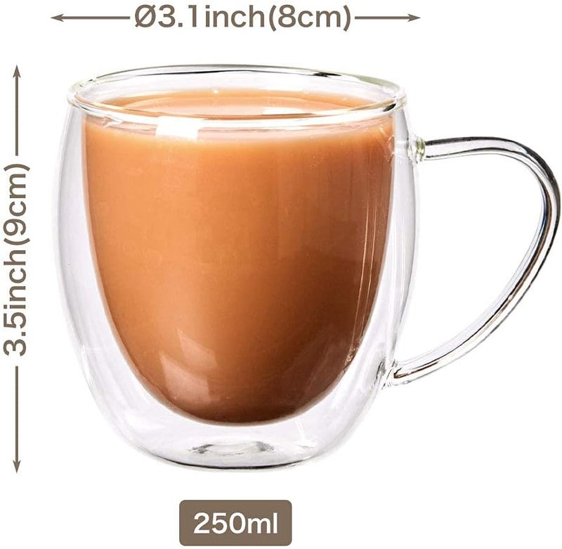 EZOWare Set of 4 200 ML Double Wall Coffee Mug Set, 8oz Clear Glass Thermal Insulated Cups with Handles for Hot or Cold Beverages, Espresso, Coffee, Cappuccino… - Image 2