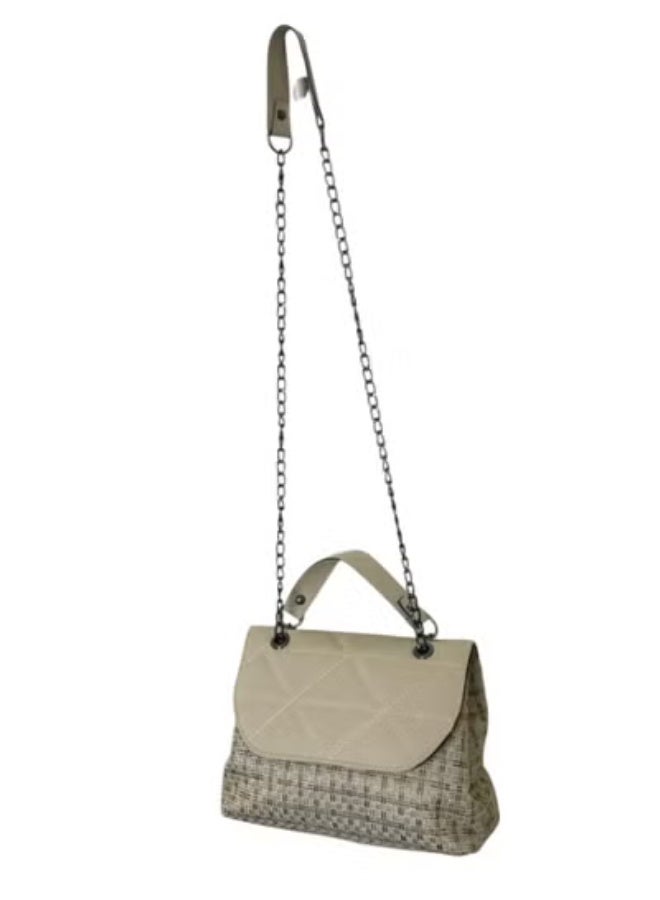 Women’s Hand & Crossbody Bag – Burlap & PU Leather with Chain (Dual Compartments) - Image 2