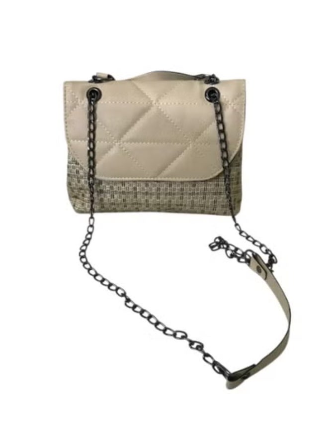 Women’s Hand & Crossbody Bag – Burlap & PU Leather with Chain (Dual Compartments) - Image 1