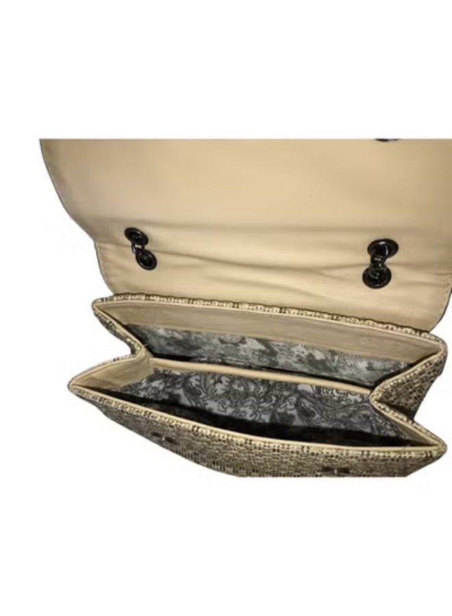 Women’s Hand & Crossbody Bag – Burlap & PU Leather with Chain (Dual Compartments) - Image 3