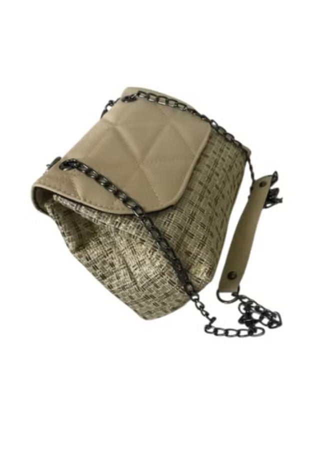 Women’s Hand & Crossbody Bag – Burlap & PU Leather with Chain (Dual Compartments) - Image 4
