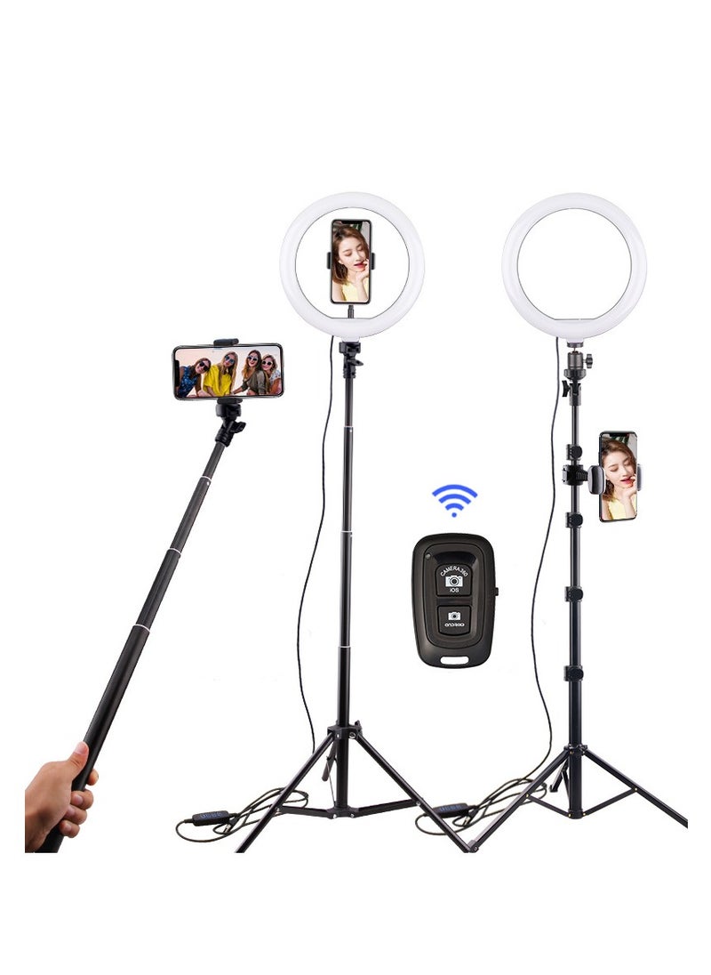 Selfie Ring Light，Extendable Tripod Stand & Phone Holders，stand used both on the desktop or floor，Tripod with fill light
