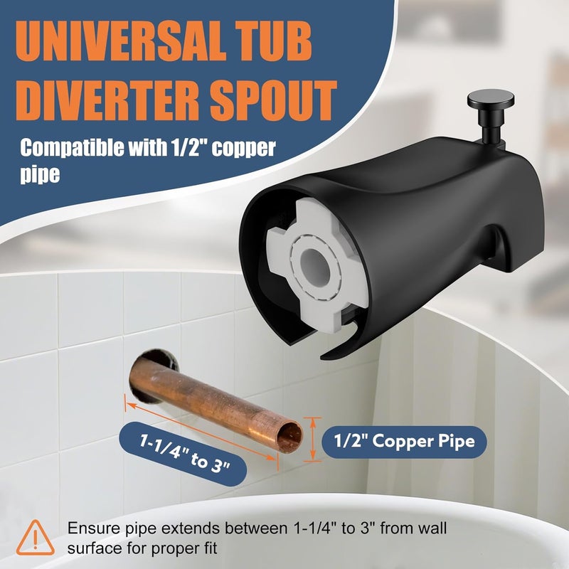 TEVIORA Tub Spout with Pull Down Diverter – Slip-Fit Bathtub Faucet Spout Replacement, 1/2” Copper Pipe Connection, Easy Installation, Universal for Bathroom Shower (Matte Black) - Image 3