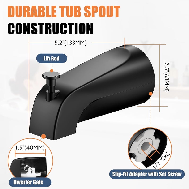 TEVIORA Tub Spout with Pull Down Diverter – Slip-Fit Bathtub Faucet Spout Replacement, 1/2” Copper Pipe Connection, Easy Installation, Universal for Bathroom Shower (Matte Black) - Image 5