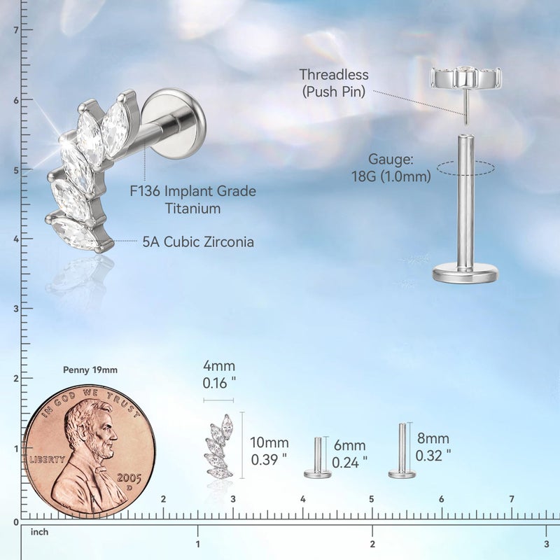 limerencia ASTM F136 Threadless Push in Titanium Earrings,Hypoallergenic Flat Back Cubic Zirconia G23 18G 6mm 8mm Body Piercing Studs for Cartilage Helix Tragus Conch(a pair) - Image 4