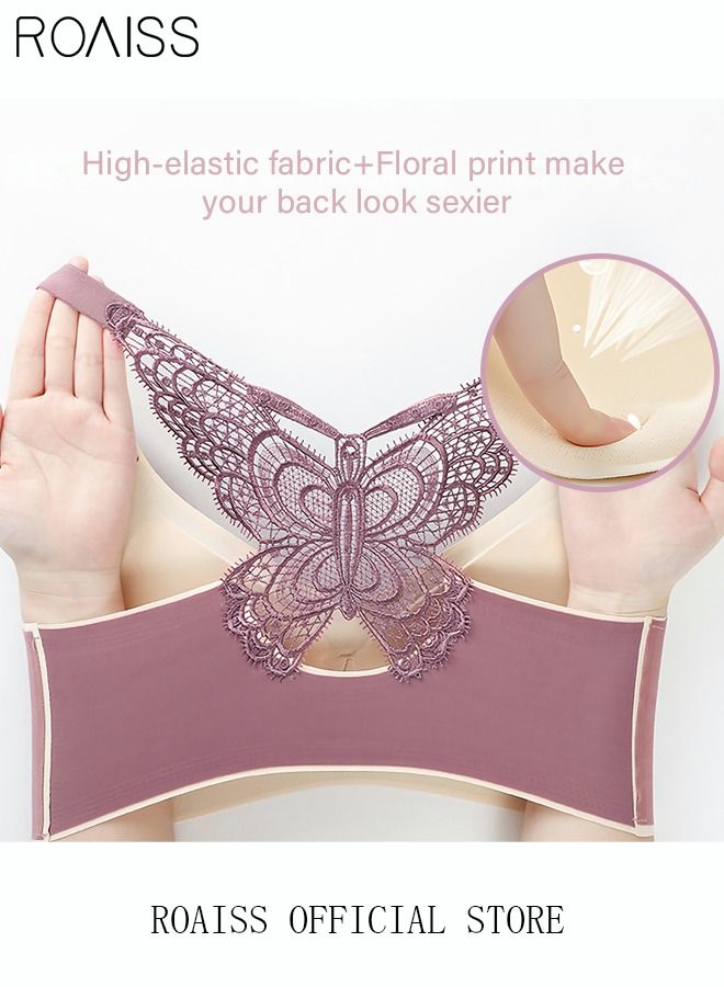 roaiss Women's Butterfly Latex Lace Bralette High Elastic Push Up Padded Daily Leisure Comfort Breathable Soft Cup Bras Sweet Romantic Underwear Lingerie Underclothes Purple  - Image 3