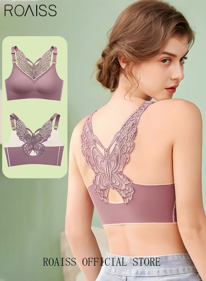 roaiss Women's Butterfly Latex Lace Bralette High Elastic Push Up Padded Daily Leisure Comfort Breathable Soft Cup Bras Sweet Romantic Underwear Lingerie Underclothes Purple  - Image 2