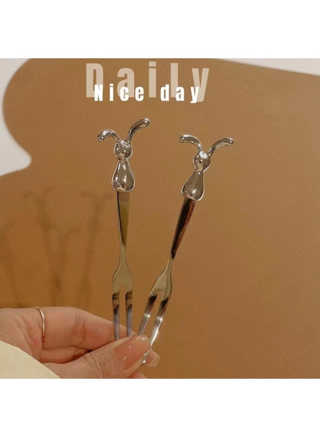 Creative Stainless Steel Spoon Rabbit Cartoon Stainless Steel Fork High Color Value Rabbit Year Spoon Fork Tableware Cute-Color:Rabbit Bifurcation