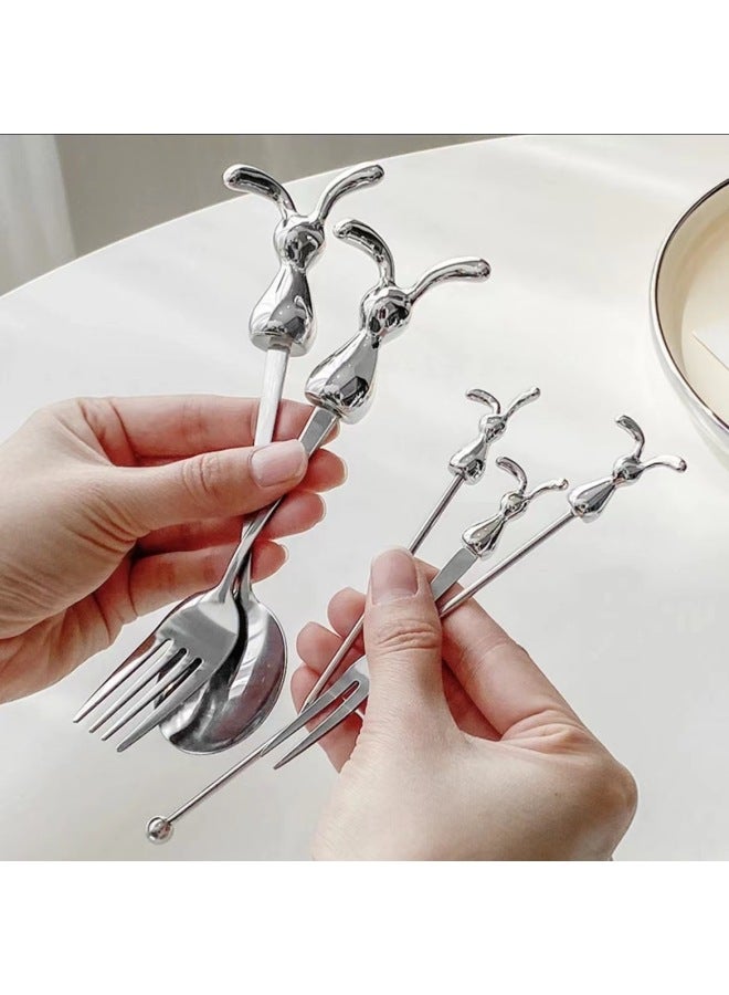 Creative Stainless Steel Spoon Rabbit Cartoon Stainless Steel Fork High Color Value Rabbit Year Spoon Fork Tableware Cute-Color:Rabbit Bifurcation