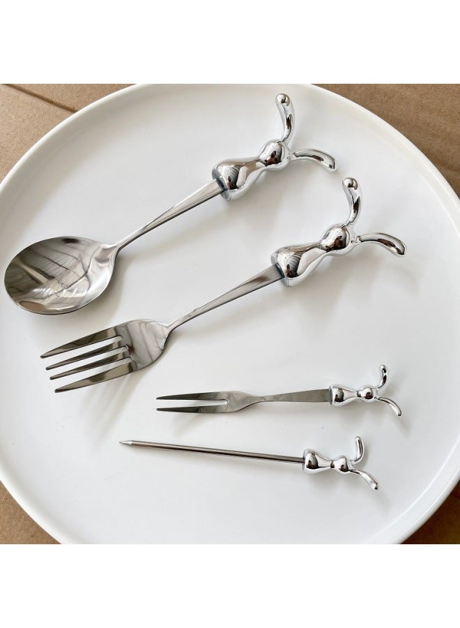 Creative Stainless Steel Spoon Rabbit Cartoon Stainless Steel Fork High Color Value Rabbit Year Spoon Fork Tableware Cute-Color:Rabbit Bifurcation