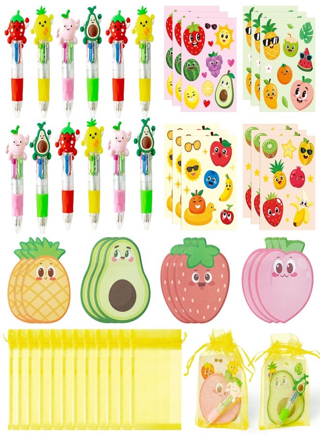 CY2SIDE Fruit Stationery Party Gift - 12 Pack Fruit Stationery Gifts Set Include 4-in-1 Ballpoint Pens Sticky Notes Stickers and Organza Tutti Party Favors Goodie Bag Fillers for School Rewards - Image 1