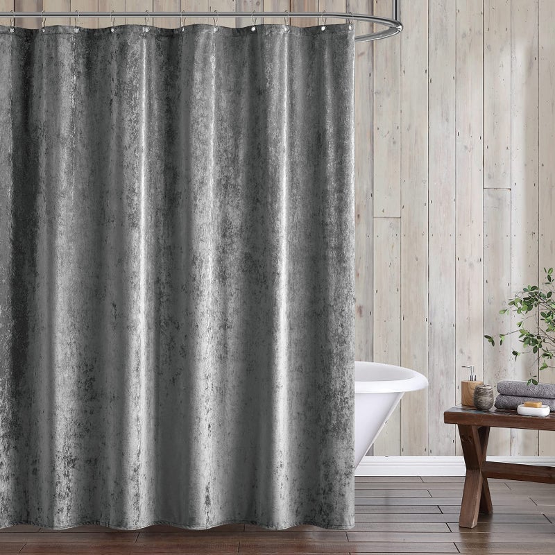 Fredsure Distressed Velvet Shower Curtain Set 13 Pieces Grey Including 1 Piece 72x72 Shower Curtain and 12 Pieces Silver Hooks