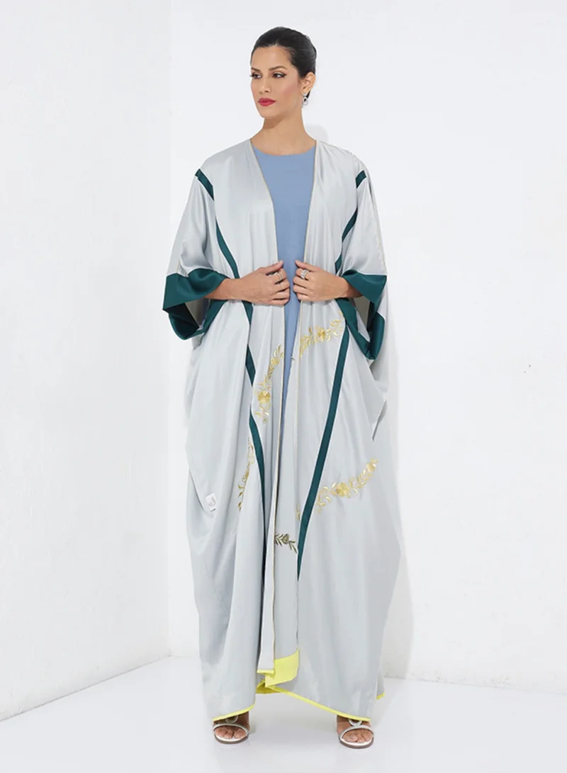 Rosette Abaya Gray Elegance Bisht - In Gold & Green Design