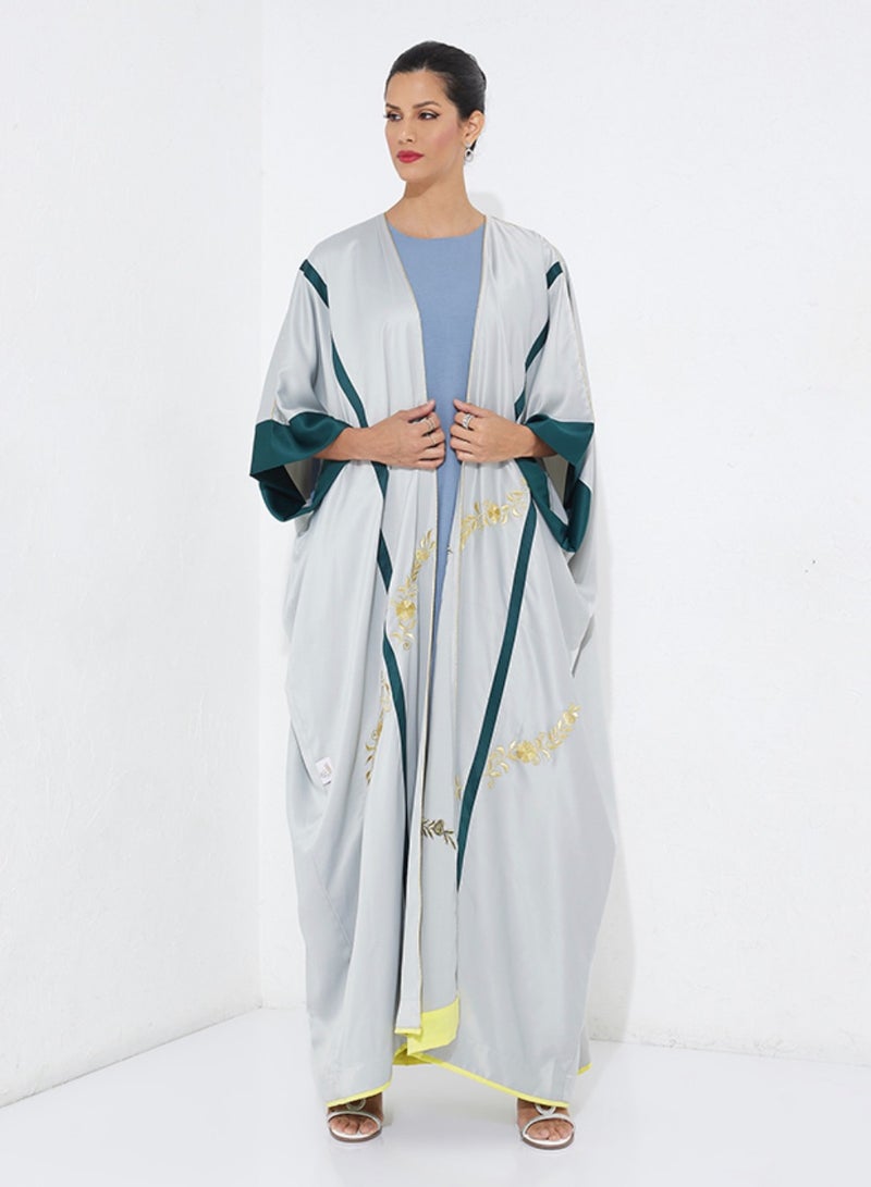 Rosette Abaya Gray Elegance Bisht - In Gold & Green Design  - Image 4