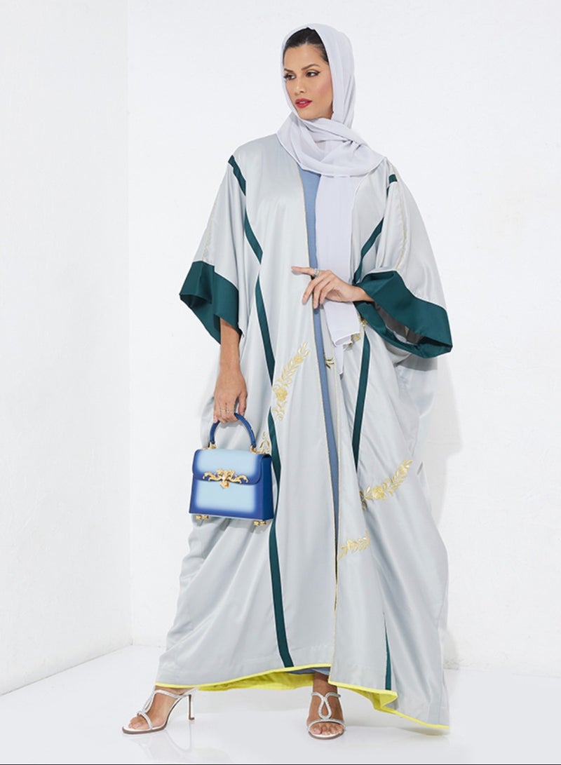 Rosette Abaya Gray Elegance Bisht - In Gold & Green Design  - Image 1