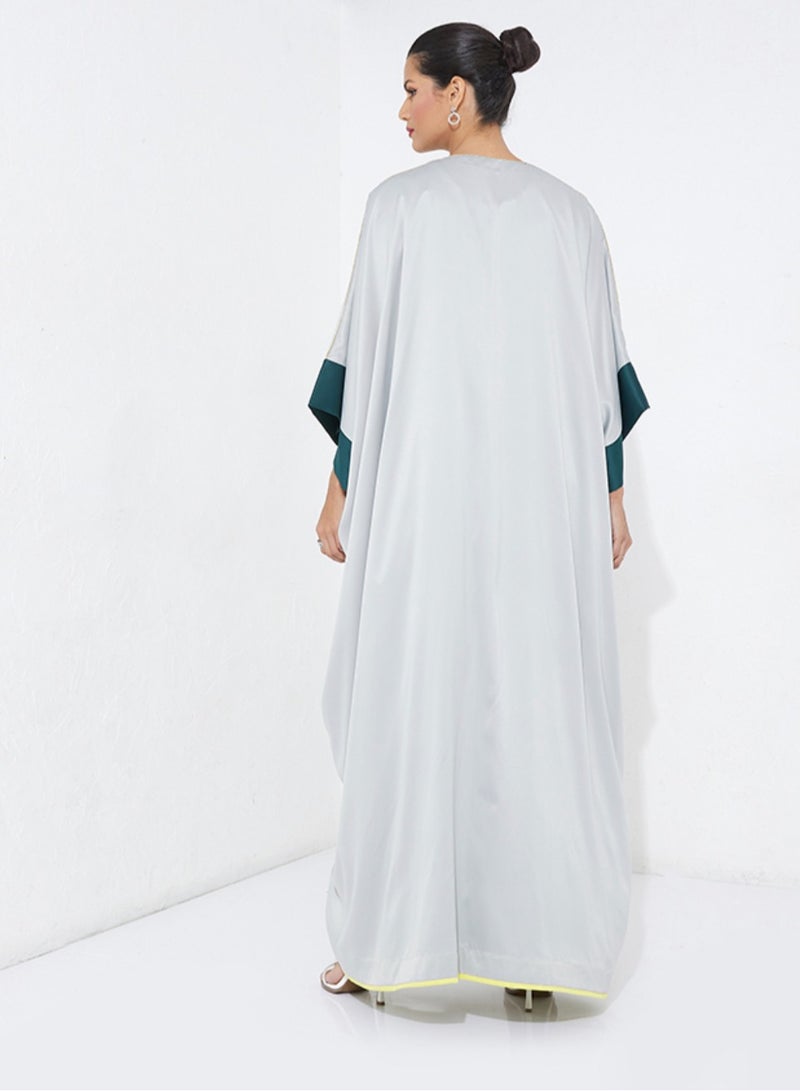 Rosette Abaya Gray Elegance Bisht - In Gold & Green Design  - Image 3