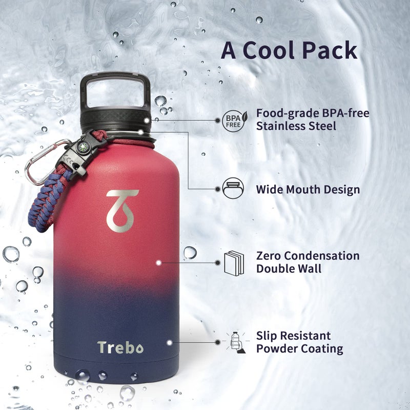 Trebo Half Gallon Water Bottle with Paracord Handle 64oz Wide Mouth Insulated Double Wall Stainless Steel Large Sports Flask Keep Hot 24 Hours & Cold 48 Hours Water Jug with 3 Lids Ombre: Ruby Red - Image 5